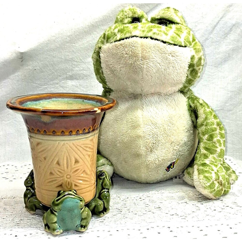 GANZ Webkinz Vintage Frog Plush Green White 2005 & Ceramic Pen Holder Pottery